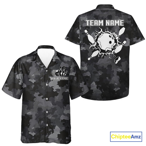 Bowling Hawaiian Shirt Custom bowling ball and pins black camo Bowling Team Button up shirt NQS10889