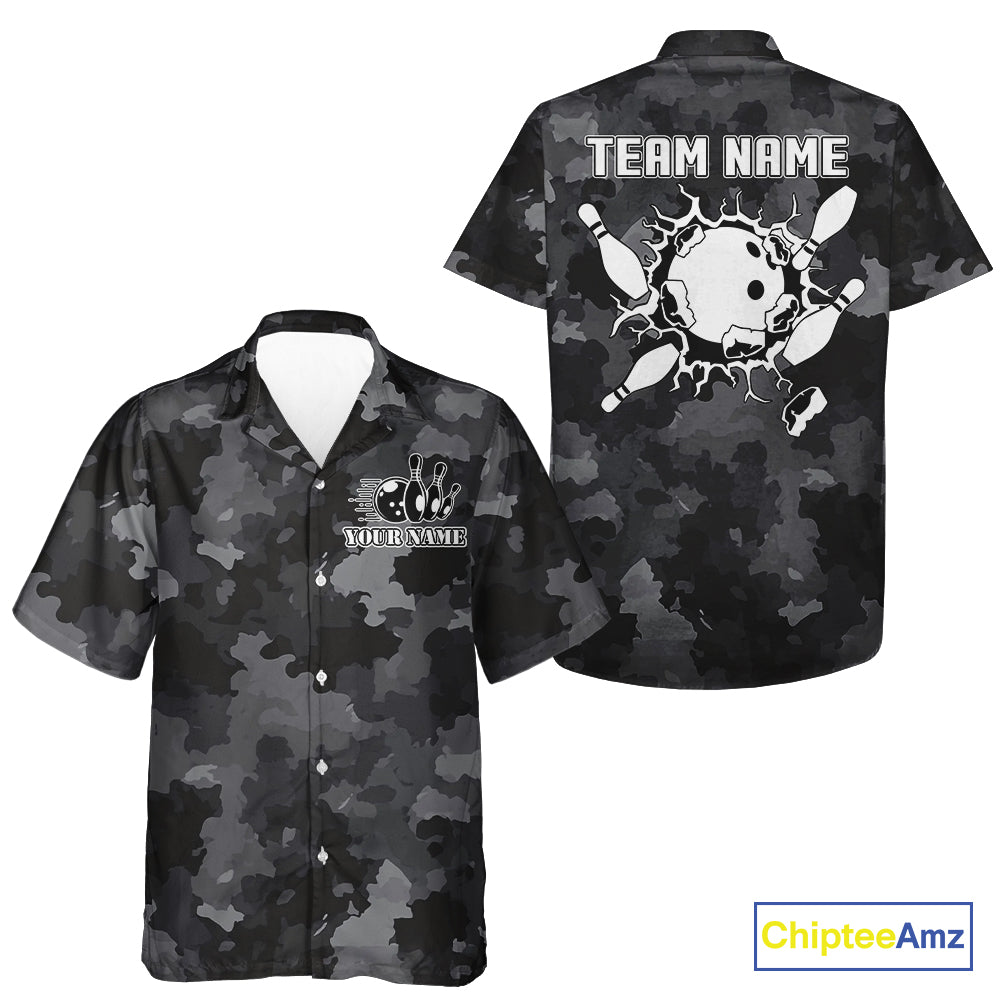 Bowling Hawaiian Shirt Custom bowling ball and pins black camo Bowling Team Button up shirt NQS10889