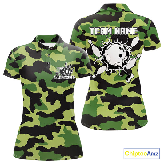 Bowling Polo, Quarter Zip shirts For Women Custom bowling ball & pins Green camo Bowling Team Jersey NQS10890