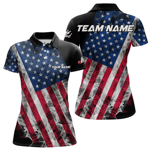 Smoke American Flag Black Women Bowling Polo, Quarter Zip shirt Custom patriotic Team bowling jersey NQS9405