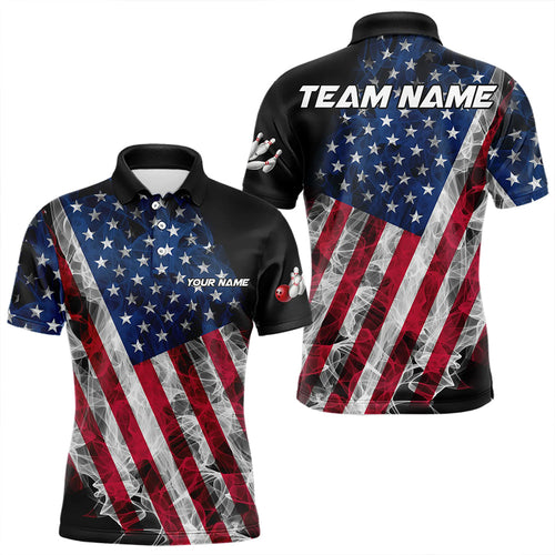 Smoke American Flag Black Bowling Polo, Quarter Zip shirt for men Custom patriotic Team bowling jersey NQS9405