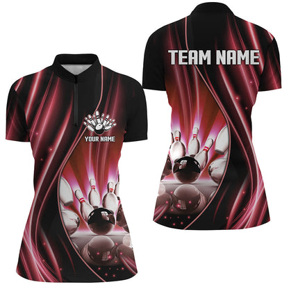 Red and black light Women Polo, 1/4 Quarter Zip Shirts Custom bowling team jerseys, gift for bowlers NQS7860