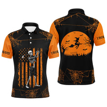 Load image into Gallery viewer, Black and Orange American Flag Halloween golf skull custom Men golf polo shirts, Halloween golf polo NQS8305