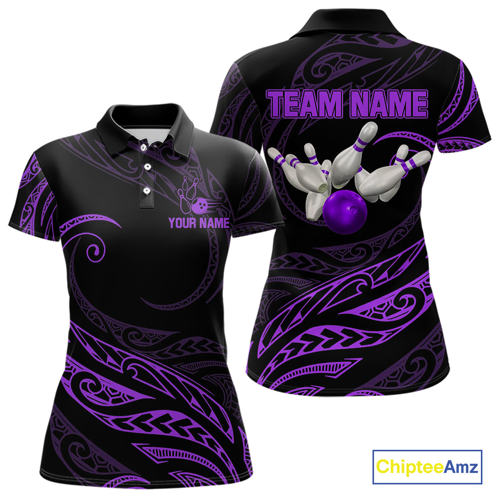 Black and Purple Tribal Pattern Bowling Polo, Quarter Zip shirts For Women Custom Team Bowling Jersey NQS10486
