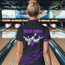 Load image into Gallery viewer, Black and Purple Tribal Pattern Bowling Polo, Quarter Zip shirts For Women Custom Team Bowling Jersey NQS10486