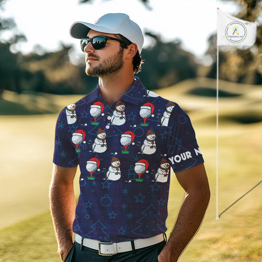 Blue Christmas Plaid pattern snowman Golf Polo Shirts For Men custom Christmas mens golf attire NQS10902
