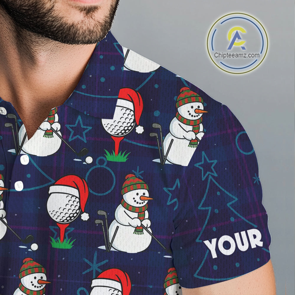 Blue Christmas Plaid pattern snowman Golf Polo Shirts For Men custom Christmas mens golf attire NQS10902