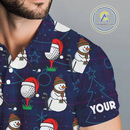 Blue Christmas Plaid pattern snowman Golf Polo Shirts For Men custom Christmas mens golf attire NQS10902