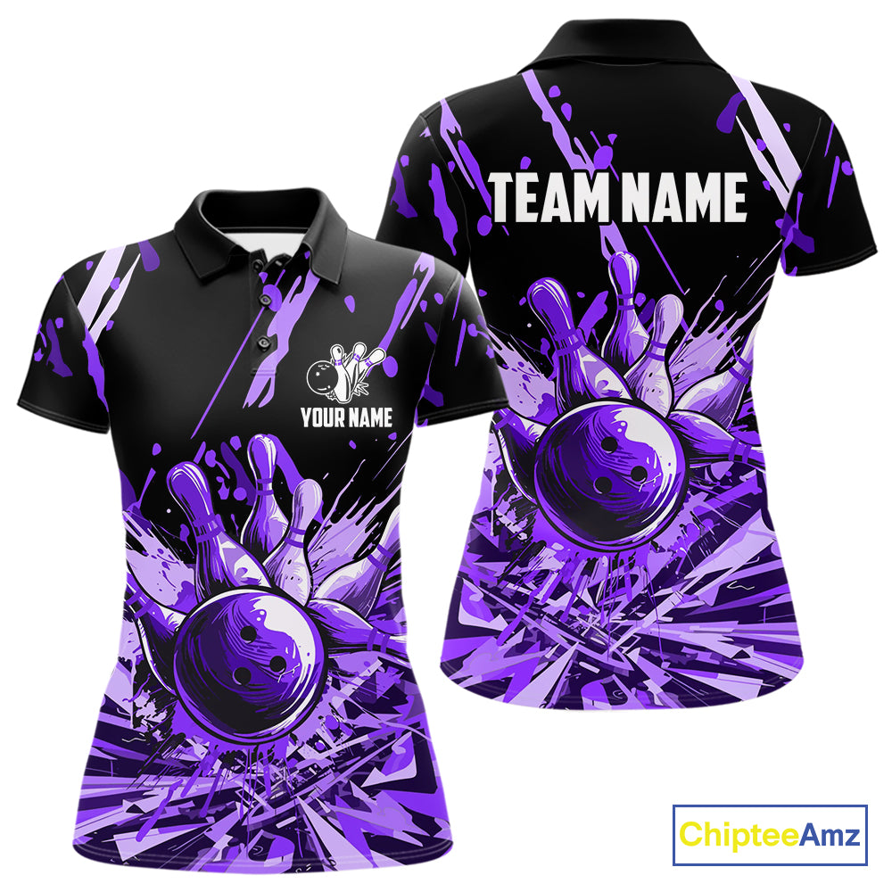 Purple bowling jerseys Bowling Polo, 1/4 Zip Shirt for Women Custom Bowling Team shirts for bowlers NQS11085