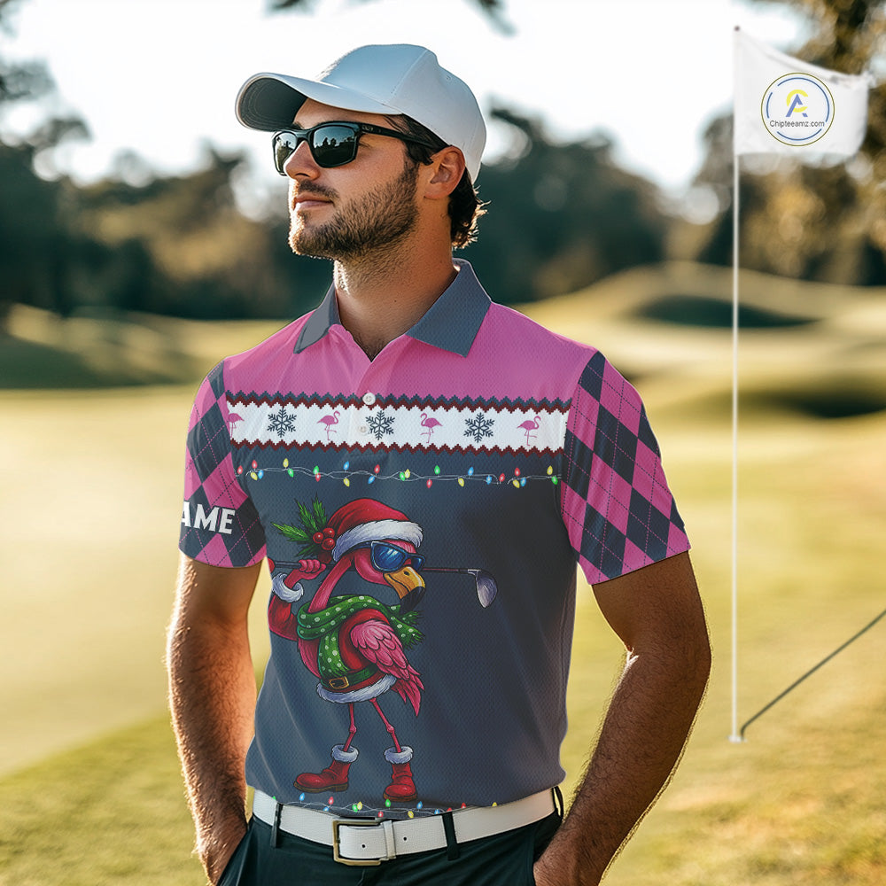 Pink argyle pattern Funny Christmas Flamingo Mens golf polo shirt custom golf attire for men NQS11088