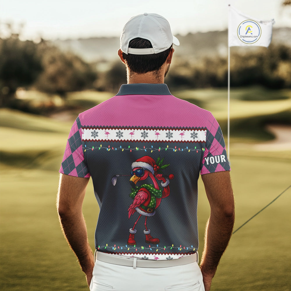 Pink argyle pattern Funny Christmas Flamingo Mens golf polo shirt custom golf attire for men NQS11088