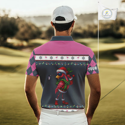 Pink argyle pattern Funny Christmas Flamingo Mens golf polo shirt custom golf attire for men NQS11088