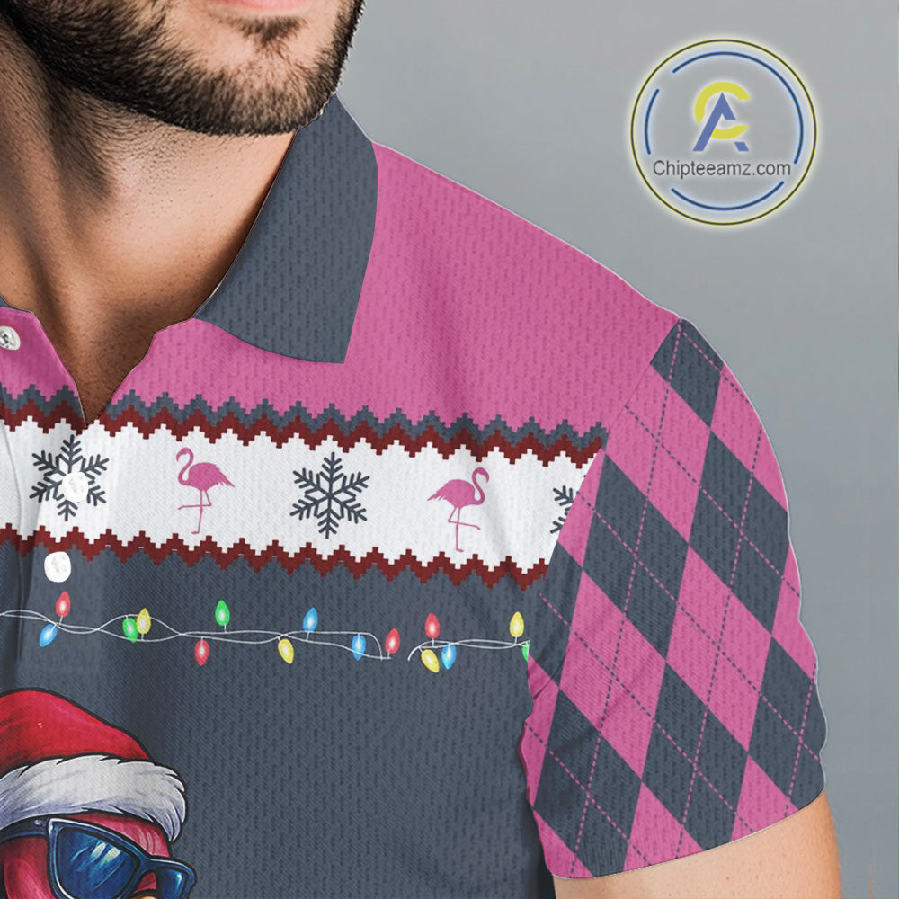 Pink argyle pattern Funny Christmas Flamingo Mens golf polo shirt custom golf attire for men NQS11088