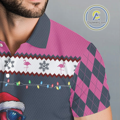 Pink argyle pattern Funny Christmas Flamingo Mens golf polo shirt custom golf attire for men NQS11088