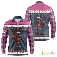 Load image into Gallery viewer, Pink argyle pattern Funny Christmas Flamingo Mens golf polo shirt custom golf attire for men NQS11088