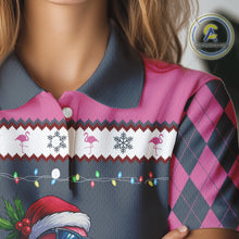 Load image into Gallery viewer, Pink argyle pattern Funny Christmas Flamingo Womens golf polo shirt custom golf attire for ladies NQS11088