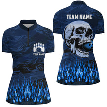 Load image into Gallery viewer, Bowling polo, quarter zip shirts for women Custom Blue camo Flame Skull Bowling Team League Jerseys NQS7652
