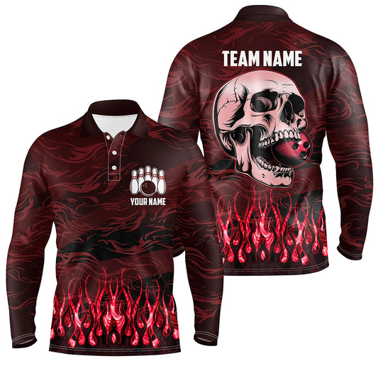 Bowling polo, quarter zip shirts for men Custom Red camo Flame Skull Bowling Team League Jerseys NQS7653