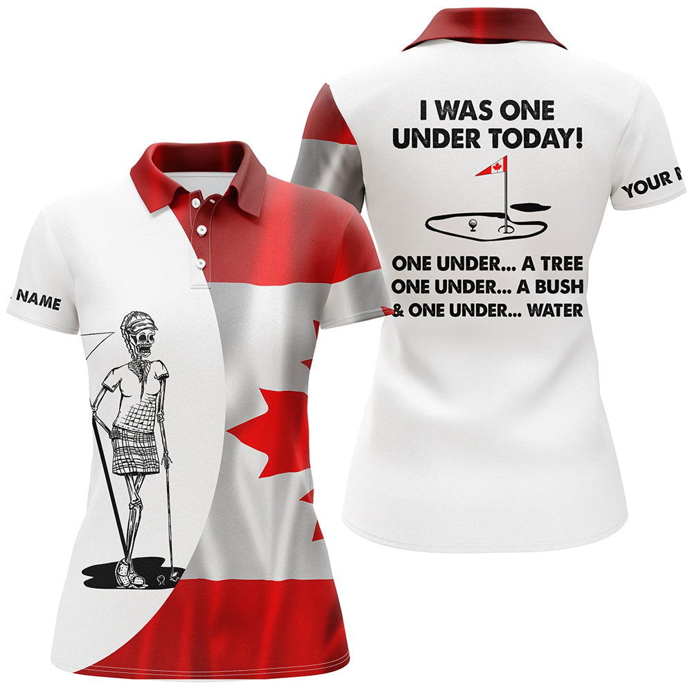 Women golf polo shirt Canadian flag white golf skull custom I was one under today tree, bush and water NQS5790