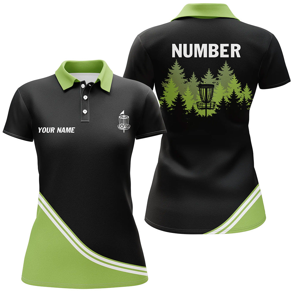 Black and Green disc golf basket in the forest custom Womens disc golf polo shirt, disc golf jersey NQS8752