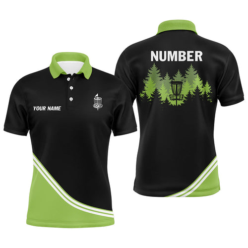 Black and Green disc golf basket in the forest custom Men disc golf polo shirt, disc golf jersey NQS8752