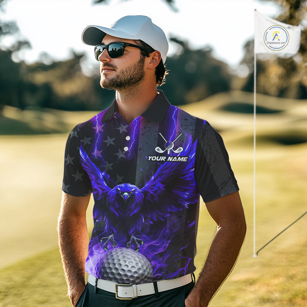 Black American flag Men golf polo shirt Custom purple lightning thunder Eagle patriotic team Golf top NQS11094