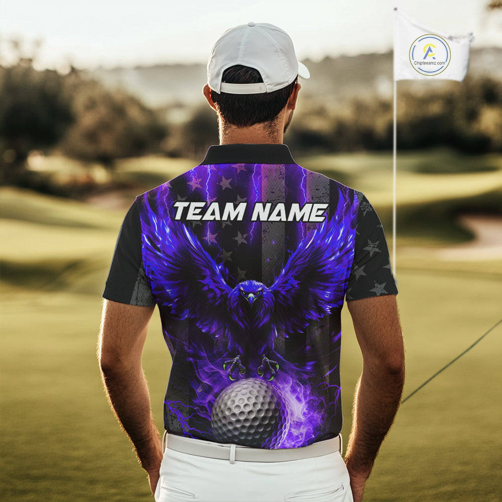 Black American flag Men golf polo shirt Custom purple lightning thunder Eagle patriotic team Golf top NQS11094