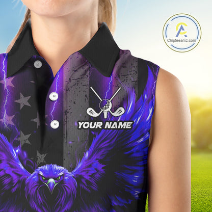 Black American flag Sleeveless polo shirt Custom purple lightning thunder Eagle patriotic Golf top NQS11094