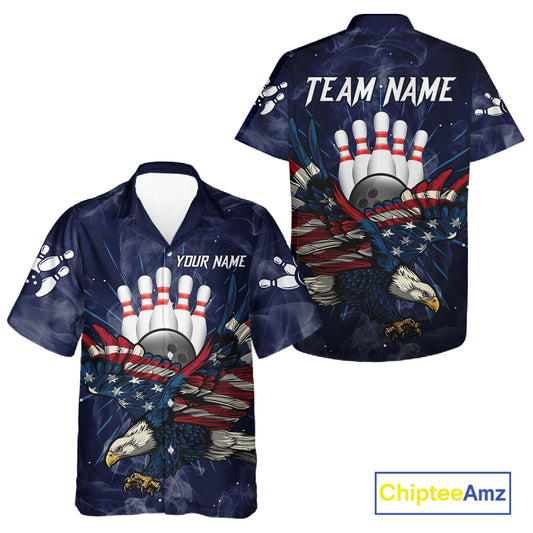 Blue Smoke American Flag Eagle Bowling Hawaiian Shirts Custom patriotic Bowling Team Jersey NQS11288
