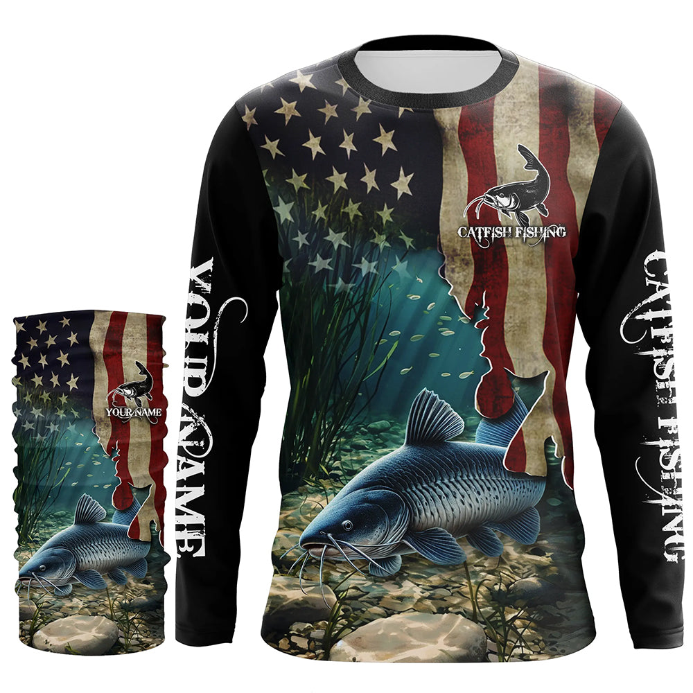 Catfish Fishing American Flag Patriotic Custom Long sleeve fishing shirt, personalized fishing gift NQS484