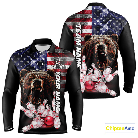 American Flag Bear Bowling Polo, Quarter Zip Shirts for Men Custom patriotic Team Bowling jerseys NQS10287