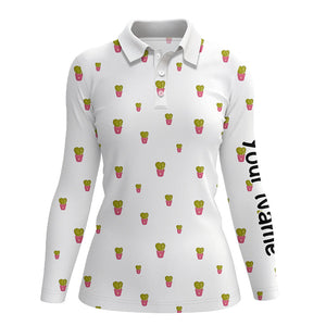 Personalized cute cactus white pattern Women golf polo shirts custom cactus golf shirt, golfer gifts NQS8320