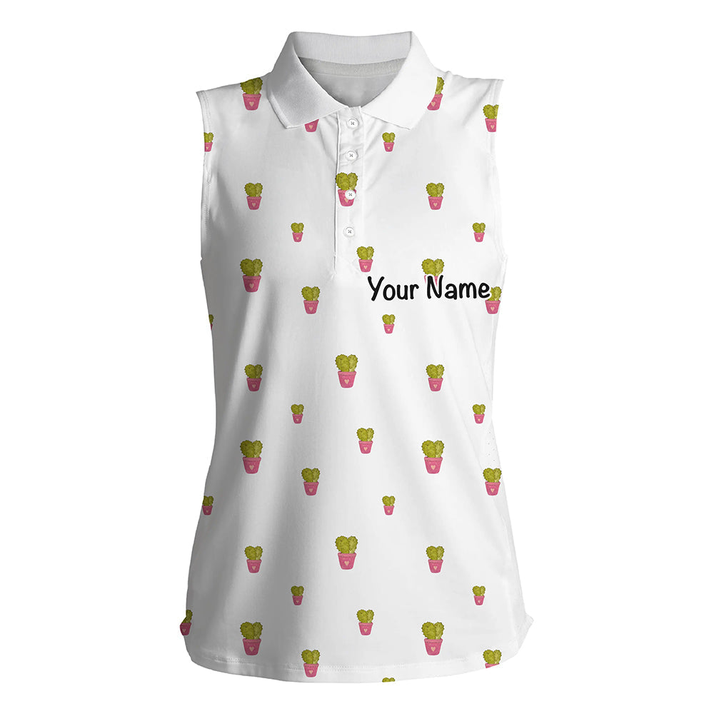 Personalized cute cactus white pattern Womens sleeveless polo shirt custom cactus golf shirt NQS8320