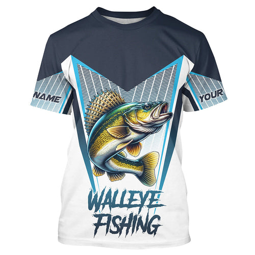 Personalized Walleye fishing Tournament Long Sleeve Fishing Shirts, Walleye Fishing Jersey | Blue NQS9225