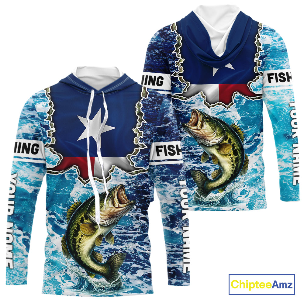 Texas Bass Fishing blue ocean camo custom Largemouth Bass long sleeves performance fishing shirts NQS9999