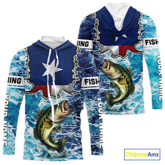 Texas Bass Fishing blue ocean camo custom Largemouth Bass long sleeves performance fishing shirts NQS9999
