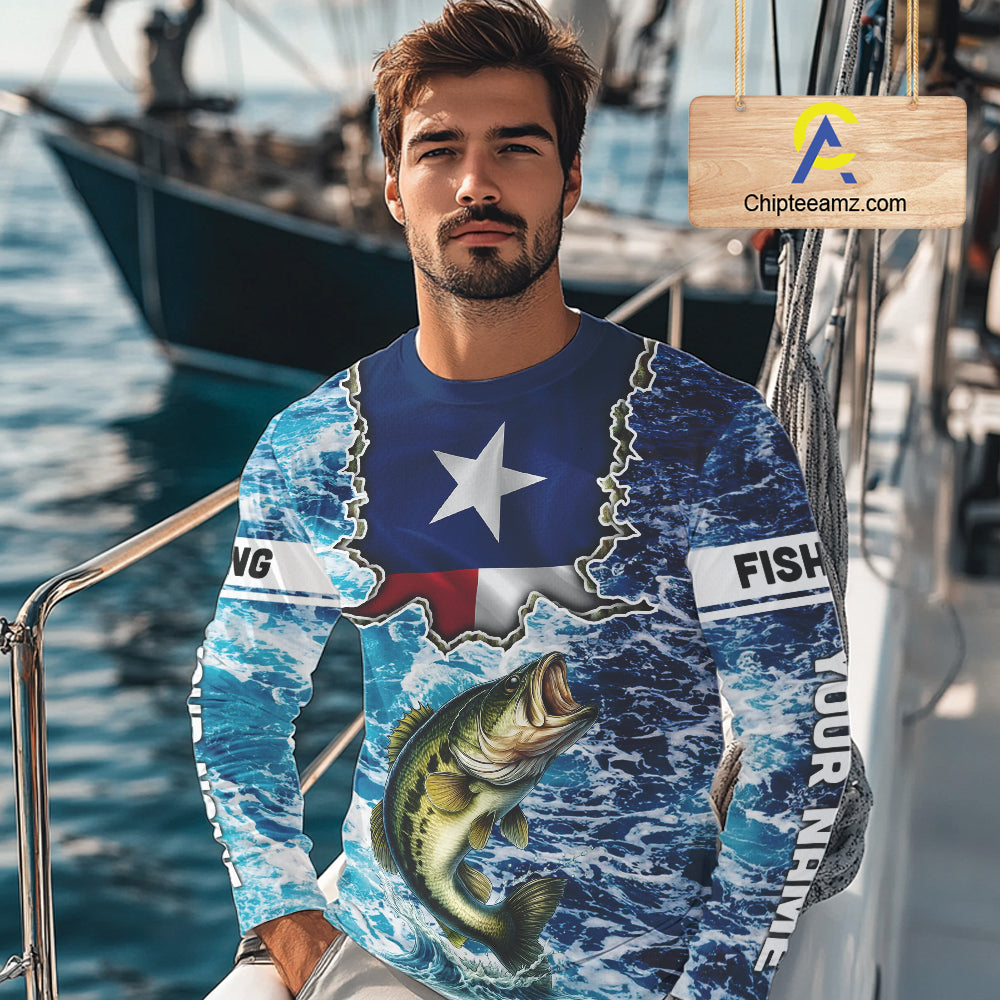 Texas Bass Fishing blue ocean camo custom Largemouth Bass long sleeves performance fishing shirts NQS9999