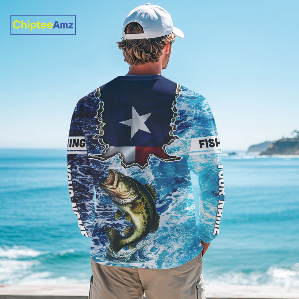 Texas Bass Fishing blue ocean camo custom Largemouth Bass long sleeves performance fishing shirts NQS9999