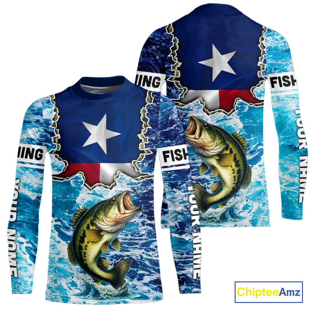 Texas Bass Fishing blue ocean camo custom Largemouth Bass long sleeves performance fishing shirts NQS9999