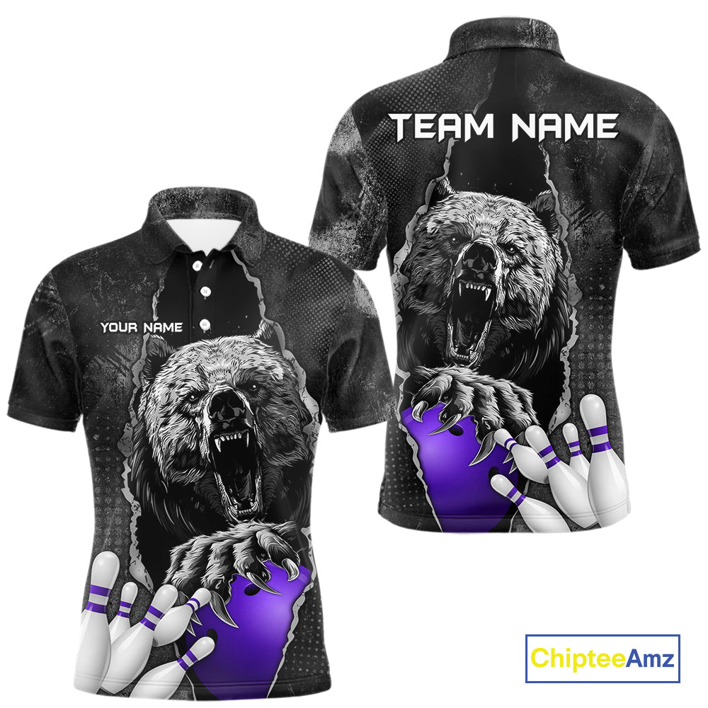 Purple and Black Bear grunge Custom Men Bowling Polo, Quarter Zip Shirts Bowling Team Jerseys Outfits NQS10167