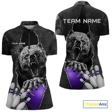 Load image into Gallery viewer, Purple and Black Bear grunge Custom Women Bowling Polo, 1/4 Zip Shirts Bowling Team Jerseys Outfits NQS10167