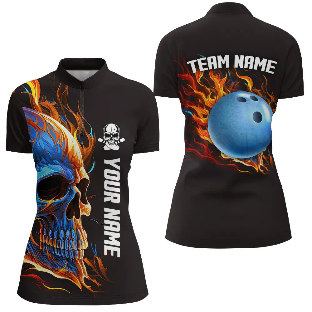Bowling Skull on fire Bowling Quarter Zip shirts for women custom team Skull Bowling jerseys NQS6197