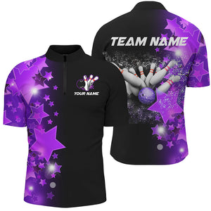 Men bowling Polo, Quarter Zip shirts Custom Purple Stars Bowling Team Bowlers Jersey NQS8527