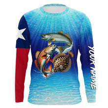 Load image into Gallery viewer, Personalized Texas Slam Redfish, trout, flounder Long Sleeve Performance Texas flag Fishing Shirt NQS6678