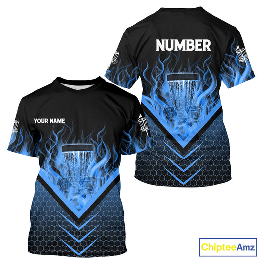 Black and Blue Fire Disc Golf T-Shirt custom flame disc golf basket jersey, disc golf shirt NQS10922