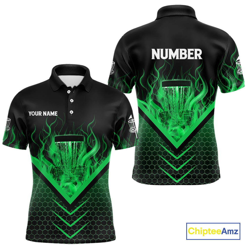 Black and Green Fire Mens Disc golf polo shirts custom flame disc golf basket jersey, disc golf shirt NQS10923