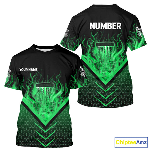 Black and Green Fire Disc Golf T-Shirt custom flame disc golf basket jersey, disc golf shirt NQS10923