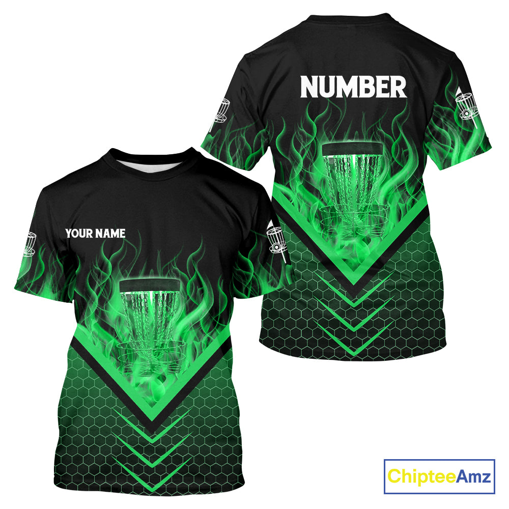 Black and Green Fire Disc Golf T-Shirt custom flame disc golf basket jersey, disc golf shirt NQS10923
