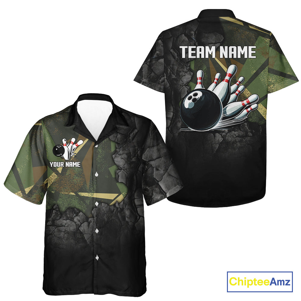 Green Camo Black Bowling Hawaiian Shirt Custom Team Bowling Button Up shirt NQS10929
