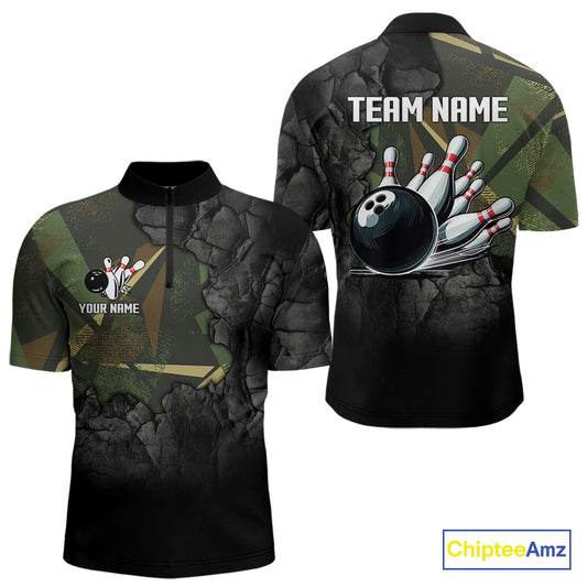 Green Camo Black Bowling Polo, Quarter Zip Shirts for Men Custom Team Bowling Jersey NQS10929